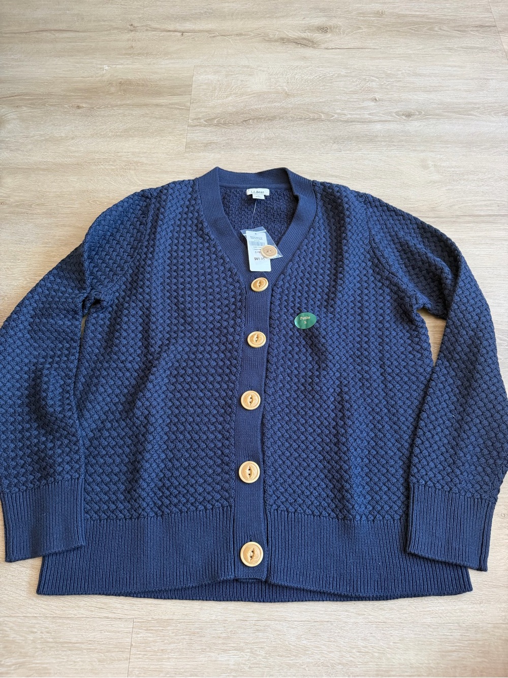 L.L. Bean Womens Basket Weave Cardigan Sweater Size S Petite Blue Academia NWT